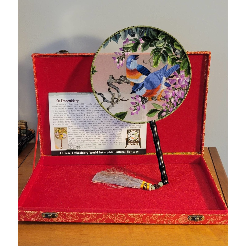 Chinese Su Embroidery Fan with Blue and Orange Birds